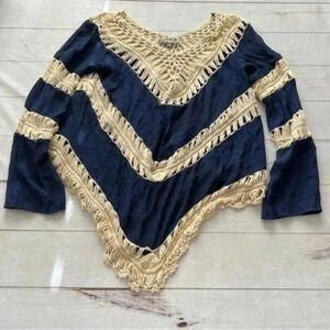 Umgee Long Sleeve Boho Crochet Sheer Top Navy Blue Size L Bohemian